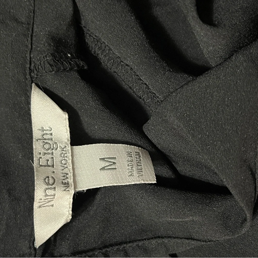 Nine. Eight New York Black Tie Neck Smocked Waist Tiered Mini Dress Medium - Picture 9 of 9